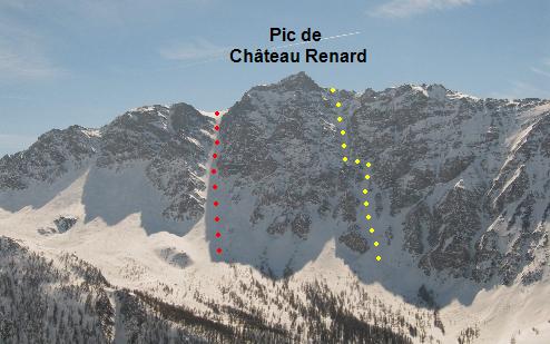 Pic de Château Renard, versant NE. Couloir Nord en rouge, couloir Baïonnette en jaune (photo Michaël)