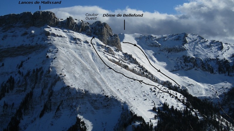 Face W et couloir W des lances de Malissard, retour par le col de Bellefond [Photo Yann] 