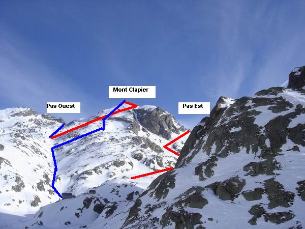 Vue de l'itineraire en versant sud.
En rouge la montee, en bleu la descente.
On apercoit egalement le couloir SW de la Cime Asquasciati