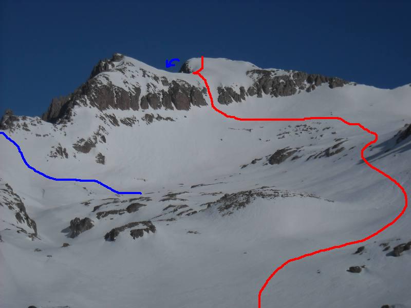 Depuis le lac nègre, montée au sommet (rouge) et variante couloir NW (bleu)