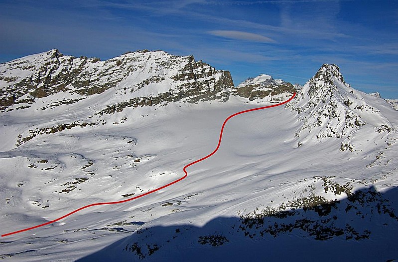 Itinéraire du Col Perdu, vu en janvier 2009 depuis le Dôme Blanc du Mulinet