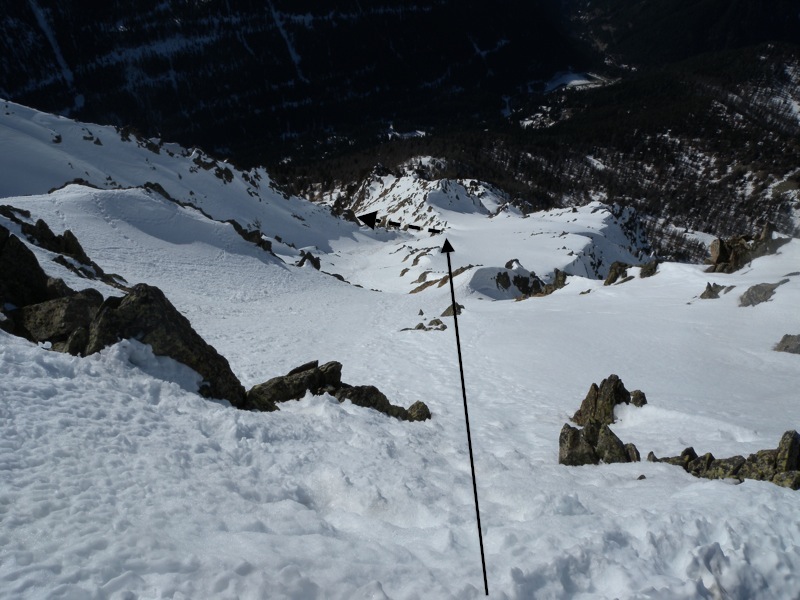 Facette SW vue du sommet : descendre droit puis tirer à gauche dans le couloir sud (flèche en pointillés)
