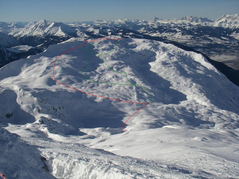 Vue de l'aiguillette des Houches depuis le départ du Brévent :
En rouge l'itinéraire GPS, en vert d'autres traces rencontrées