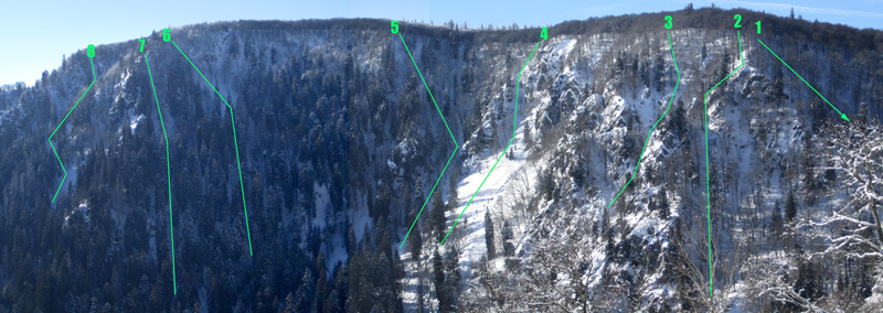 Les principales lignes a skier sur la premier tronçon du Sentier des Roches