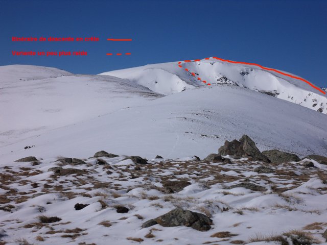 Itinéraires possibles pour la descente en ski, selon les conditions.