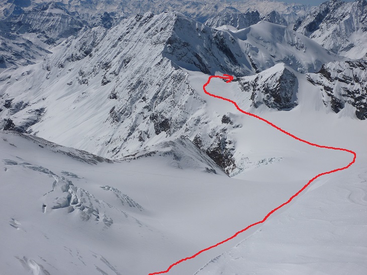 depuis le sommet de Tête blanche : vue sur l'itinéraire du col du Mont Brulé qui permet de rejoindre le glacier d'Arolla