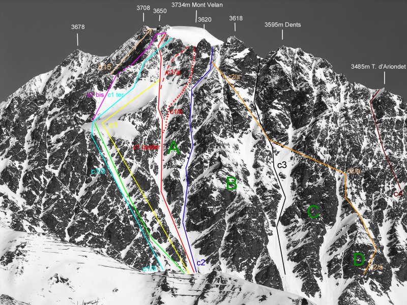Face SSE du Velan. En rouge, la ligne la plus evidente (pour le ski) du Grand couloir Sud-Est. (photo de Antonio Giani sur Summitpost.org)