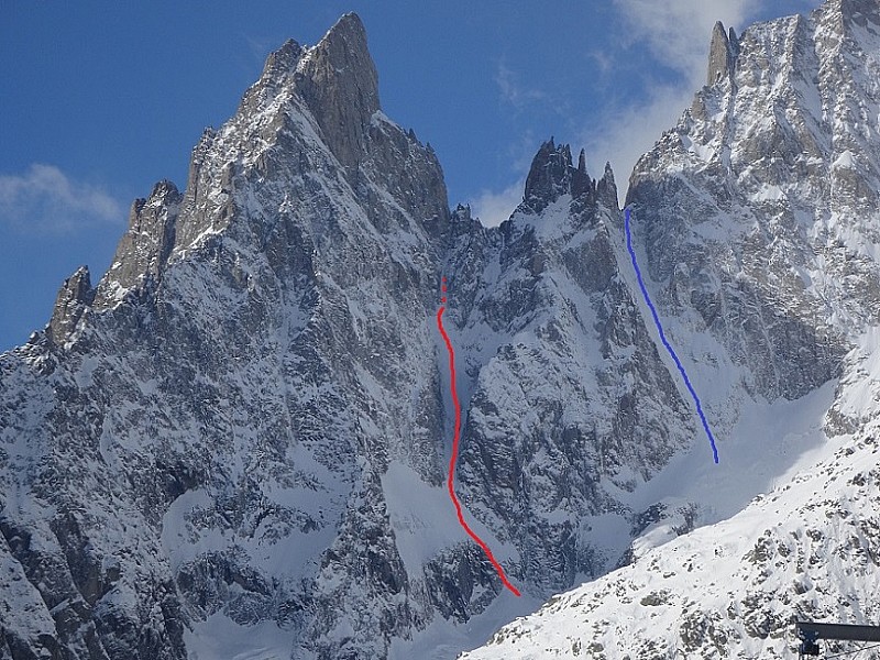 Couloir Aurèle en rouge et en bleu le NE de la brèche 3490