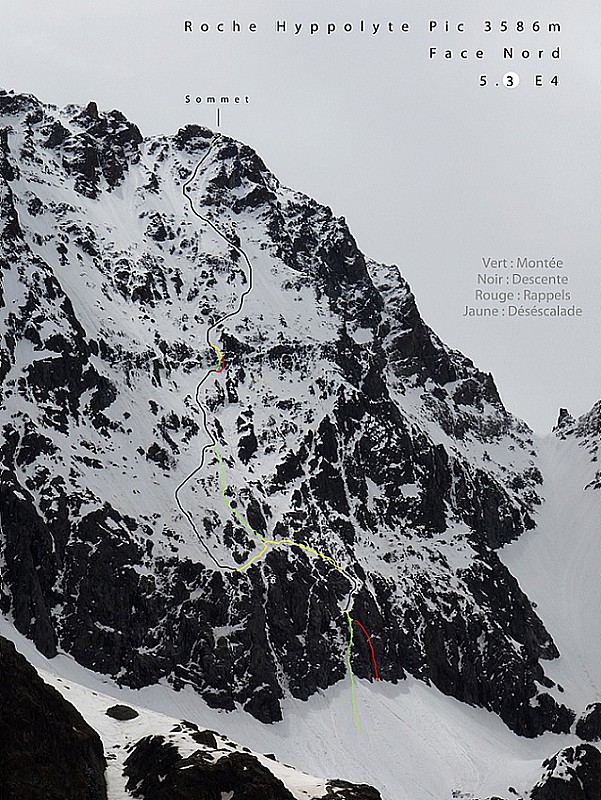 Topo détaillé. En noir la descente à ski, en rouge les rappels, en jaune la désescalade, en vert la montée