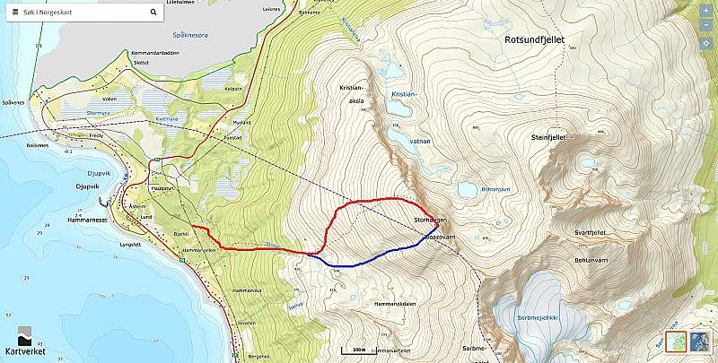 Itinéraire rouge : celui décrit par le topo. 
En bleu, une variante; 