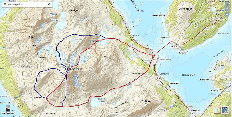 Itinéraire décrit dans le topo en rouge. 
Variantes en bleu. 