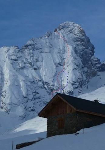 Source : skitour Thierry38vrouge : tracé suivi à l'ouverture, bleu : variante mieux enneigée à la répétition