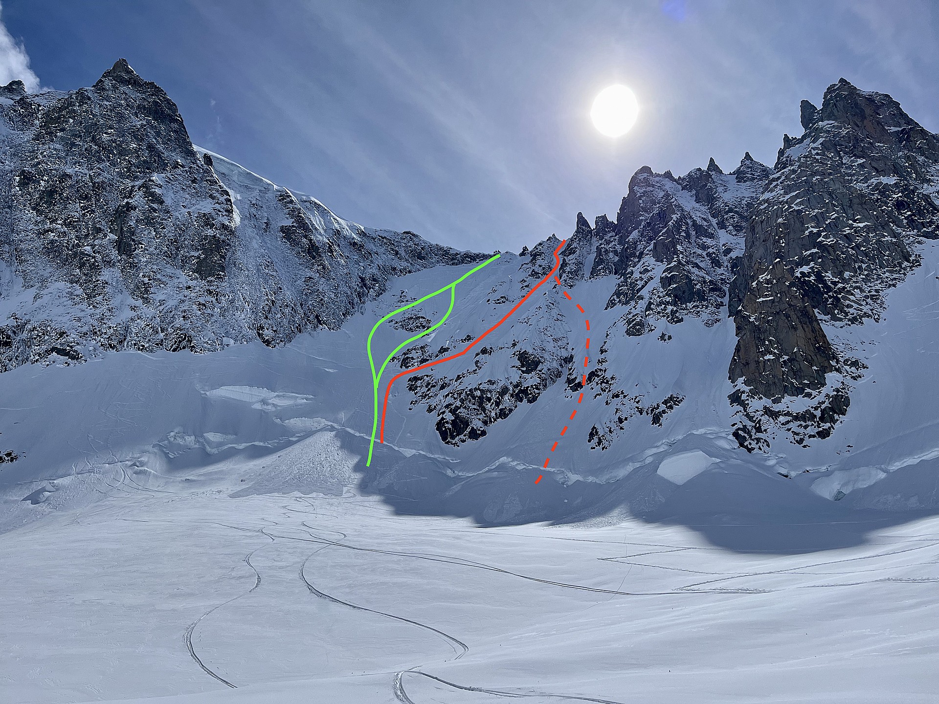 Eales en Vert, Col des Courtes en rouge (variante gauche en pointillé)